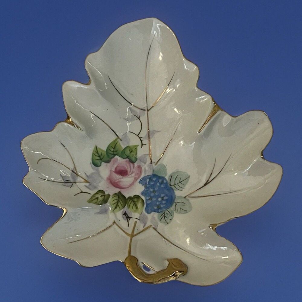 Vtg Porcelain Leaf Shaped Dish Pink Rose Gold Trim Dresser Tray Occupied Japan